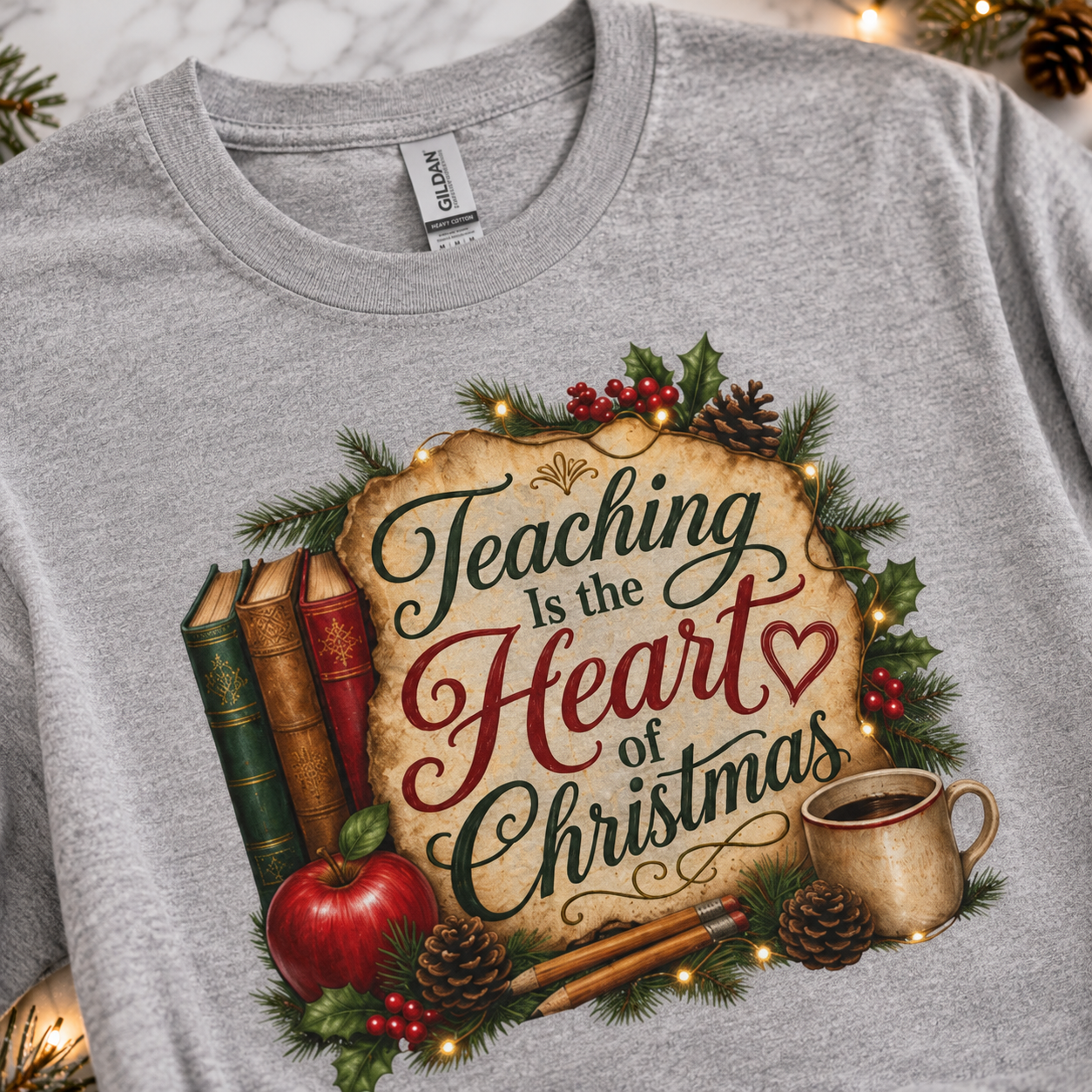 Teaching Is the Heart of Christmas sport grey teacher T-shirt design close-up
