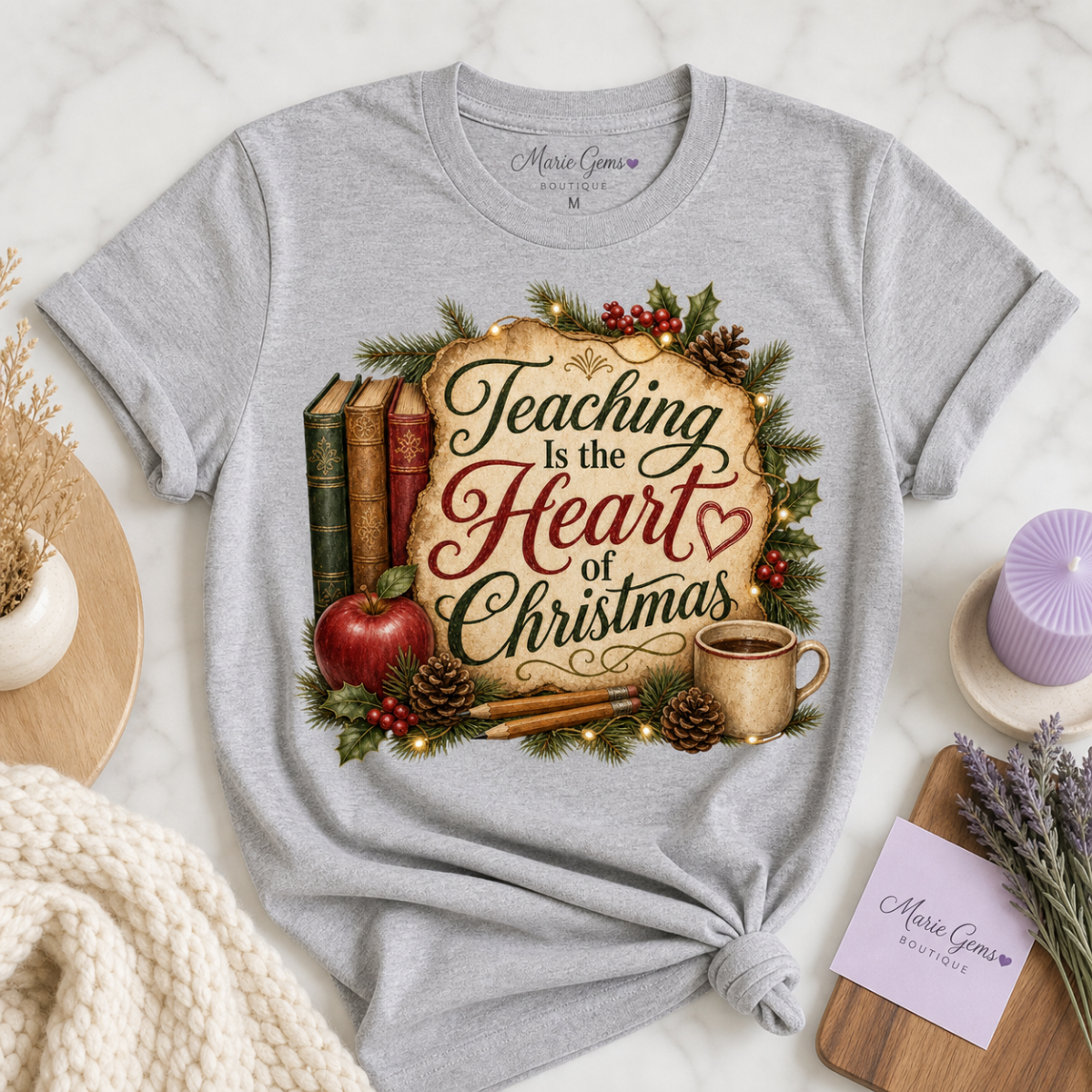 Teaching Is the Heart of Christmas sport grey teacher T-shirt marble flat lay