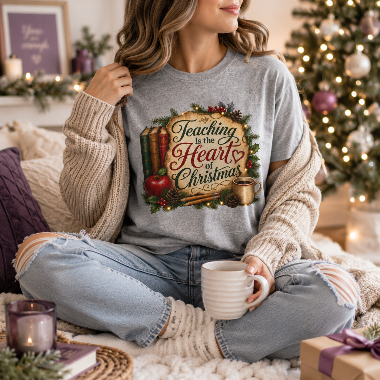 Teaching Is the Heart of Christmas sport grey teacher T-shirt lifestyle mockup