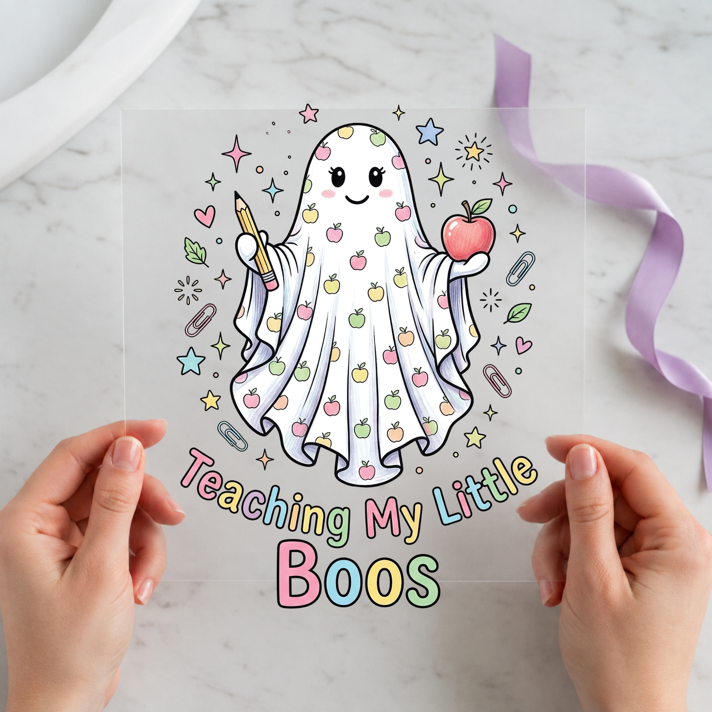 Teaching My Little Boos featuring apple-print ghost holding pencil and apple with school icons on a 12x12 ready-to-press DTF heat transfer