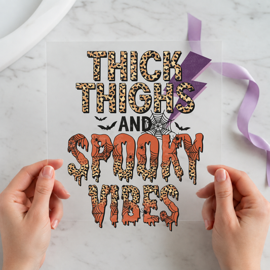 Thick Thighs and Spooky Vibes individual product photo included in the Halloween Volume 18 five-pack DTF transfer bundle