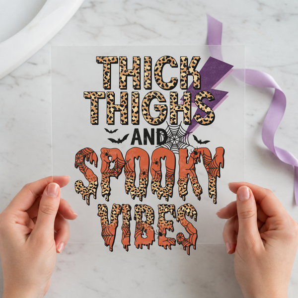 Thick Thighs and Spooky Vibes individual product photo included in the Halloween Volume 18 five-pack DTF transfer bundle