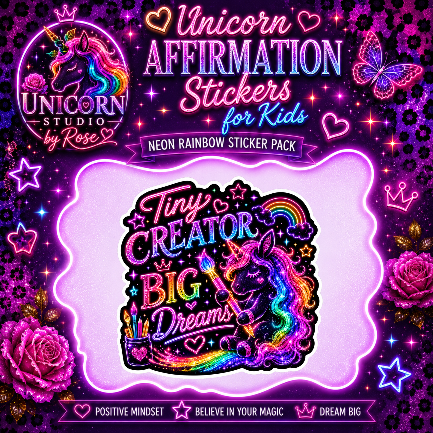 Unicorn Affirmation Stickers for Kids – Neon Rainbow Sticker Pack by Unicorn Studio by Rose with colorful unicorn and motivational design