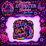 Unicorn Affirmation Stickers for Kids Vinyl Sticker Pack showing unicorn affirmation stickers for kids artwork with inspirational stickers for girls, motivational stickers for