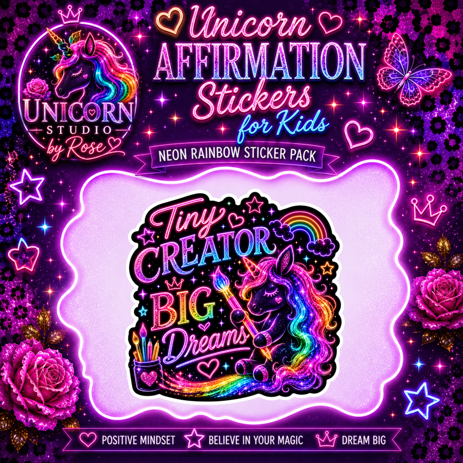 Unicorn Affirmation Stickers for Kids Vinyl Sticker Pack showing unicorn affirmation stickers for kids artwork with inspirational stickers for girls, motivational stickers for