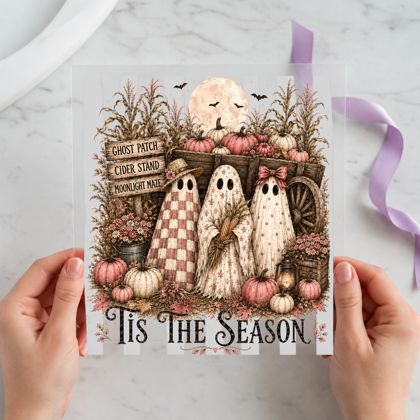 Tis the Season Ghost Pumpkin Patch featuring three patchwork ghosts among pumpkins, moon and farm signs on a 12x12 ready-to-press DTF heat transfer