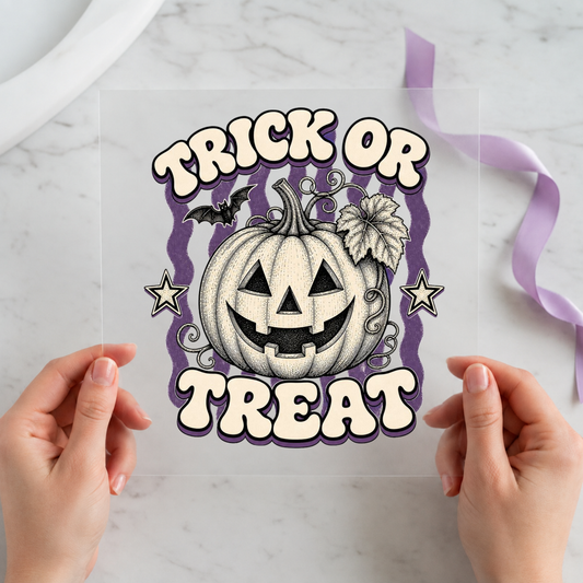 Trick or Treat Jack O Lantern individual product photo included in the Retro Halloween five-pack DTF transfer bundle