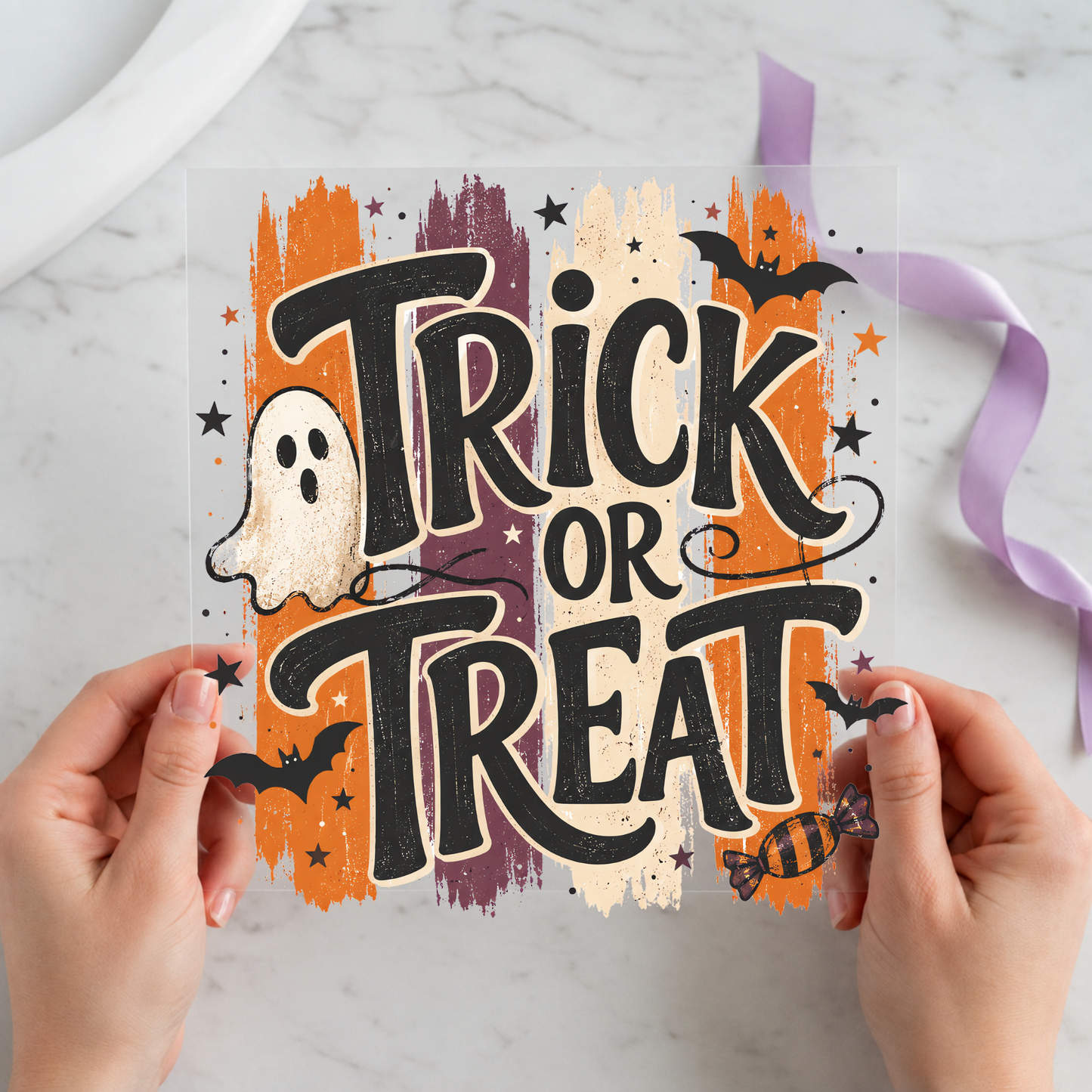 Trick or Treat Retro Ghost featuring friendly ghost with muted orange, purple and cream brush strokes on a 12x12 ready-to-press DTF heat transfer