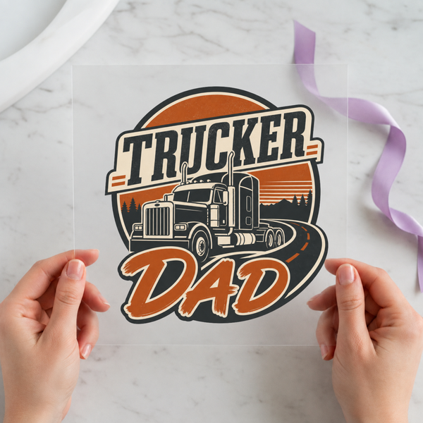 Trucker Dad DTF transfer mockup with semi-truck badge design for a Father's Day gift