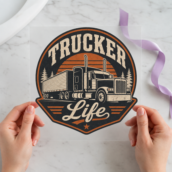 Trucker Life DTF transfer mockup with semi-truck badge design for a trucker gift
