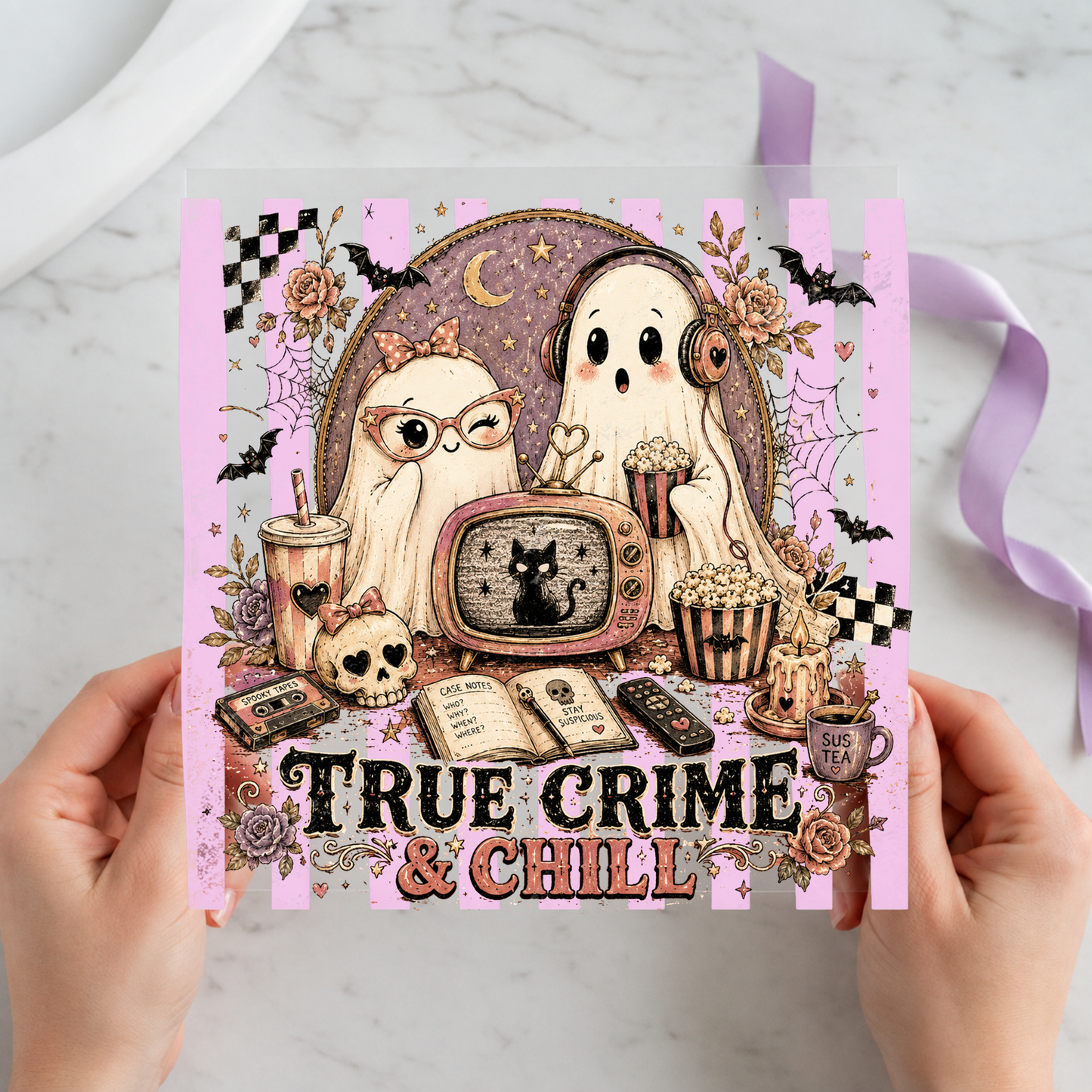 True Crime and Chill featuring owl, ghost, television, crime board and snacks in a pink study scene on a 12x12 ready-to-press DTF heat transfer