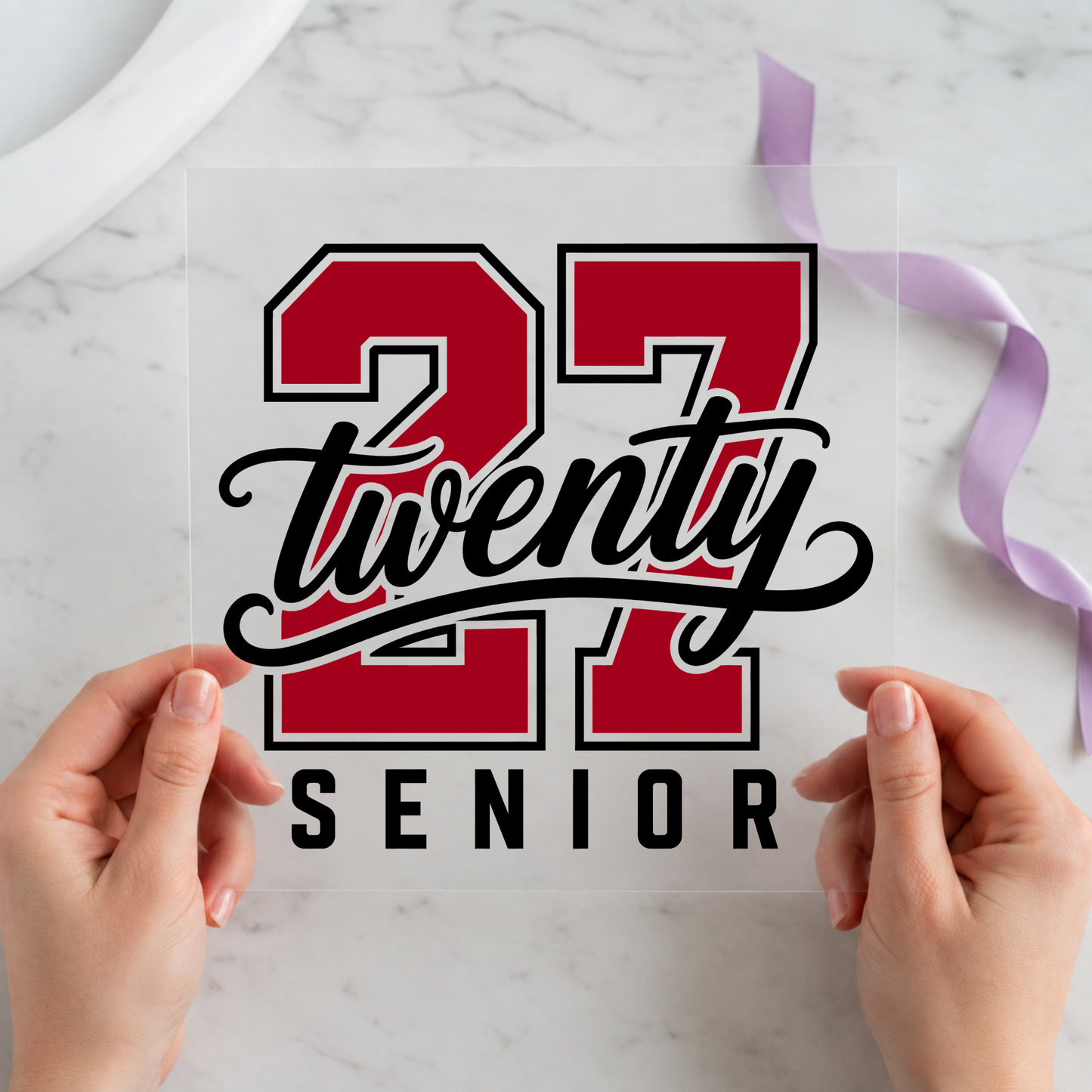Twenty 27 Senior Red Black featuring large red 27 with black script Twenty and Senior lettering on a 12x12 ready-to-press DTF heat transfer