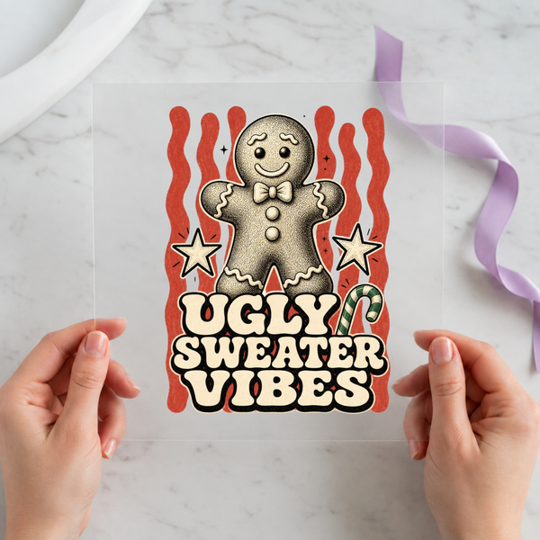 Ugly Sweater Vibes Gingerbread individual product photo included in the Retro Christmas five-pack DTF transfer bundle