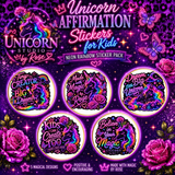 Unicorn Affirmation Stickers for Kids Vinyl Sticker Pack showing unicorn affirmation stickers for kids artwork with inspirational stickers for girls, motivational stickers for