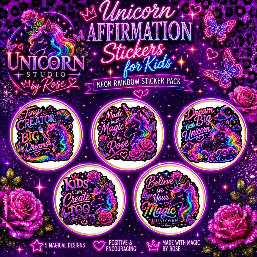 Unicorn Affirmation Stickers for Kids Vinyl Sticker Pack showing unicorn affirmation stickers for kids artwork with inspirational stickers for girls, motivational stickers for