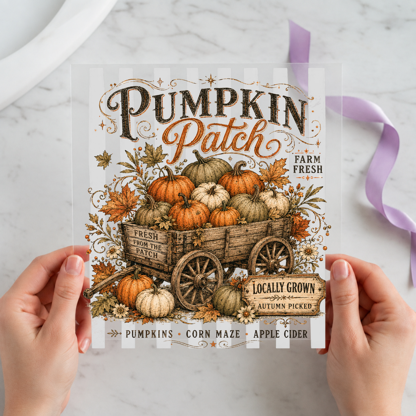 Vintage Pumpkin Patch Wagon featuring antique harvest poster with wagon, pumpkins and farm-market text on a 12x12 ready-to-press DTF heat transfer
