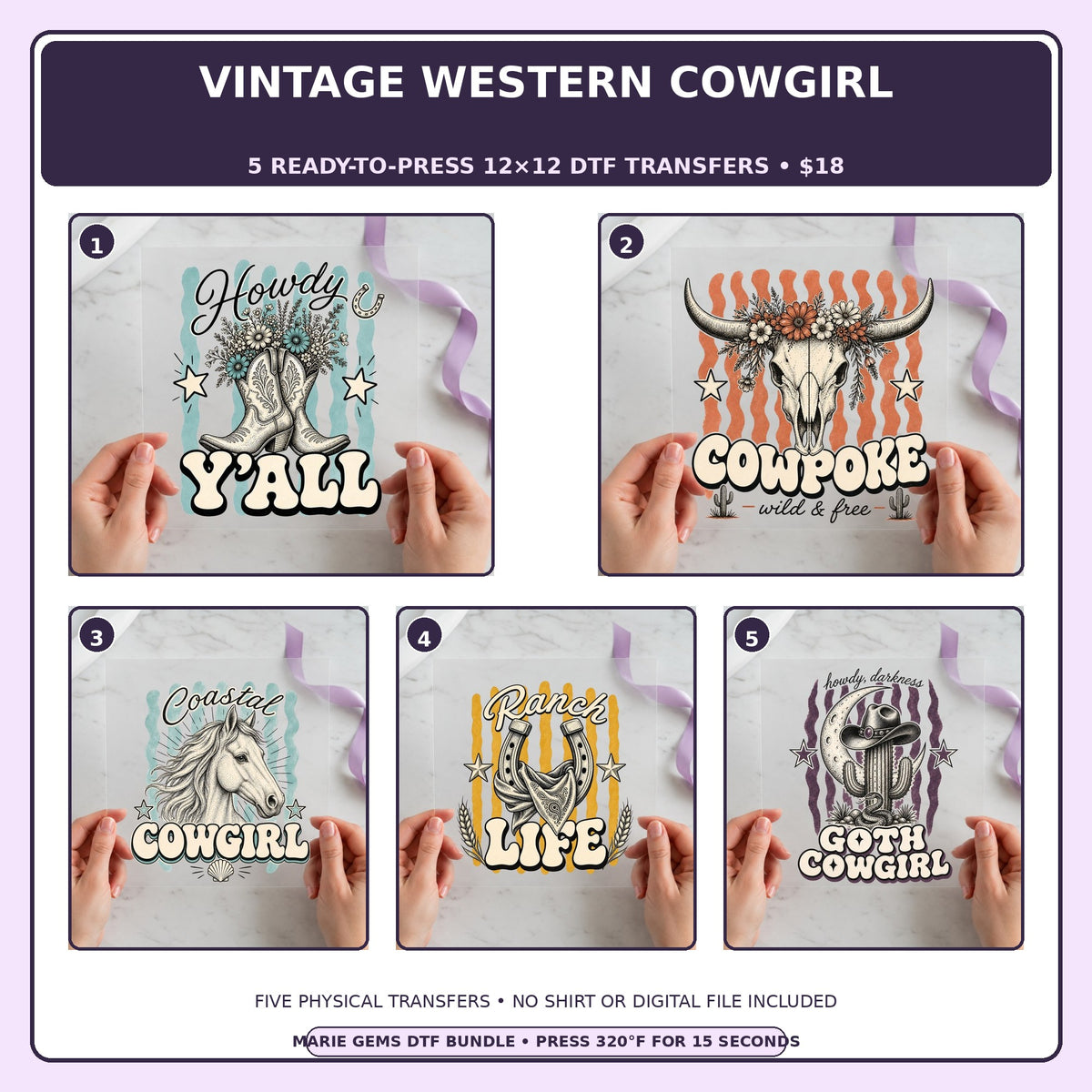 Vintage Western Cowgirl five-pack 12x12 ready-to-press DTF transfer bundle collage showing all five included designs