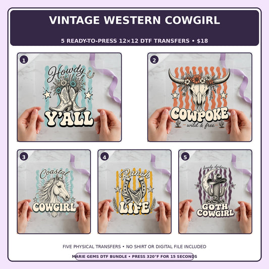 Vintage Western Cowgirl five-pack 12x12 ready-to-press DTF transfer bundle collage showing all five included designs