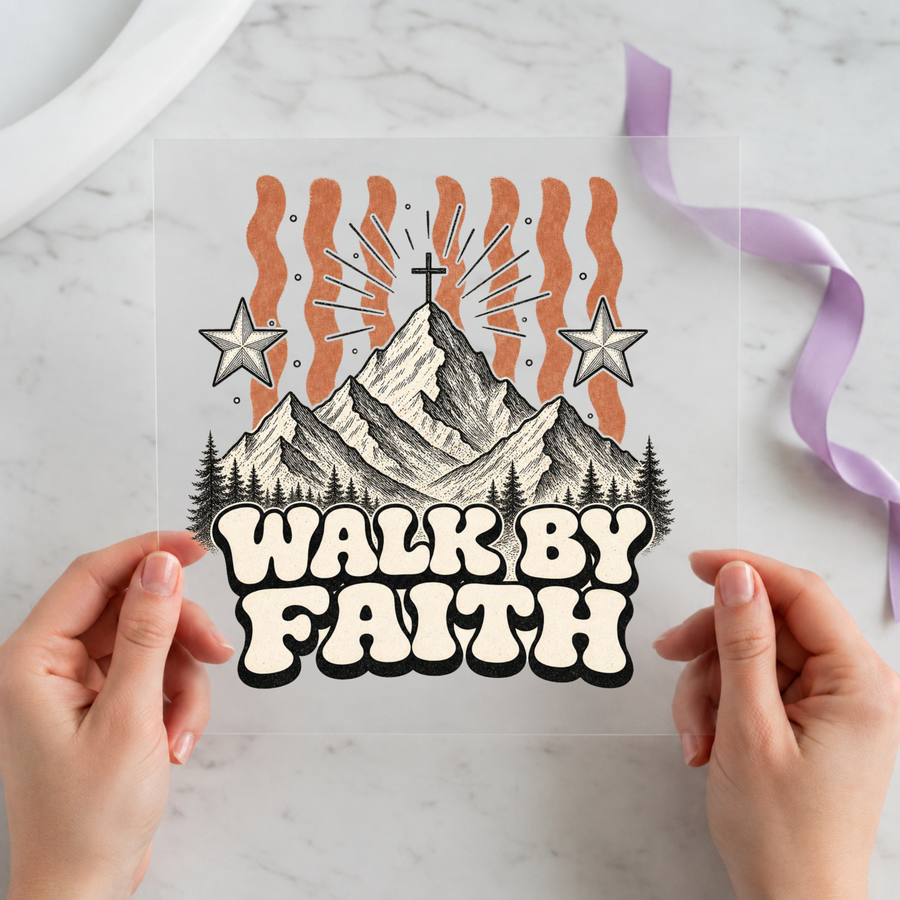 Walk By Faith Mountain Cross individual product photo included in the Christian Faith five-pack DTF transfer bundle