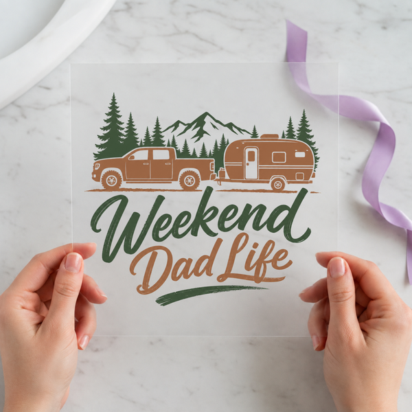 Weekend Dad Life DTF transfer mockup with truck and camper design for a camping dad gift