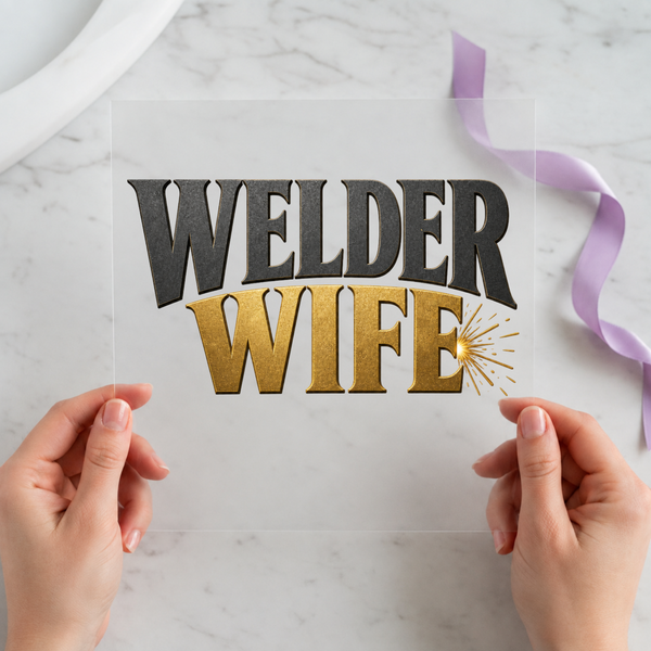 Welder Wife DTF transfer mockup with bold lettering design for a skilled trades gift