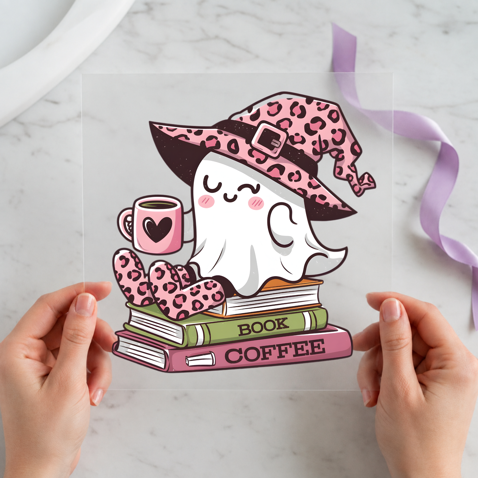Witch Ghost Books and Coffee 12 by 12 ready-to-press DTF heat transfer for a book lover shirt