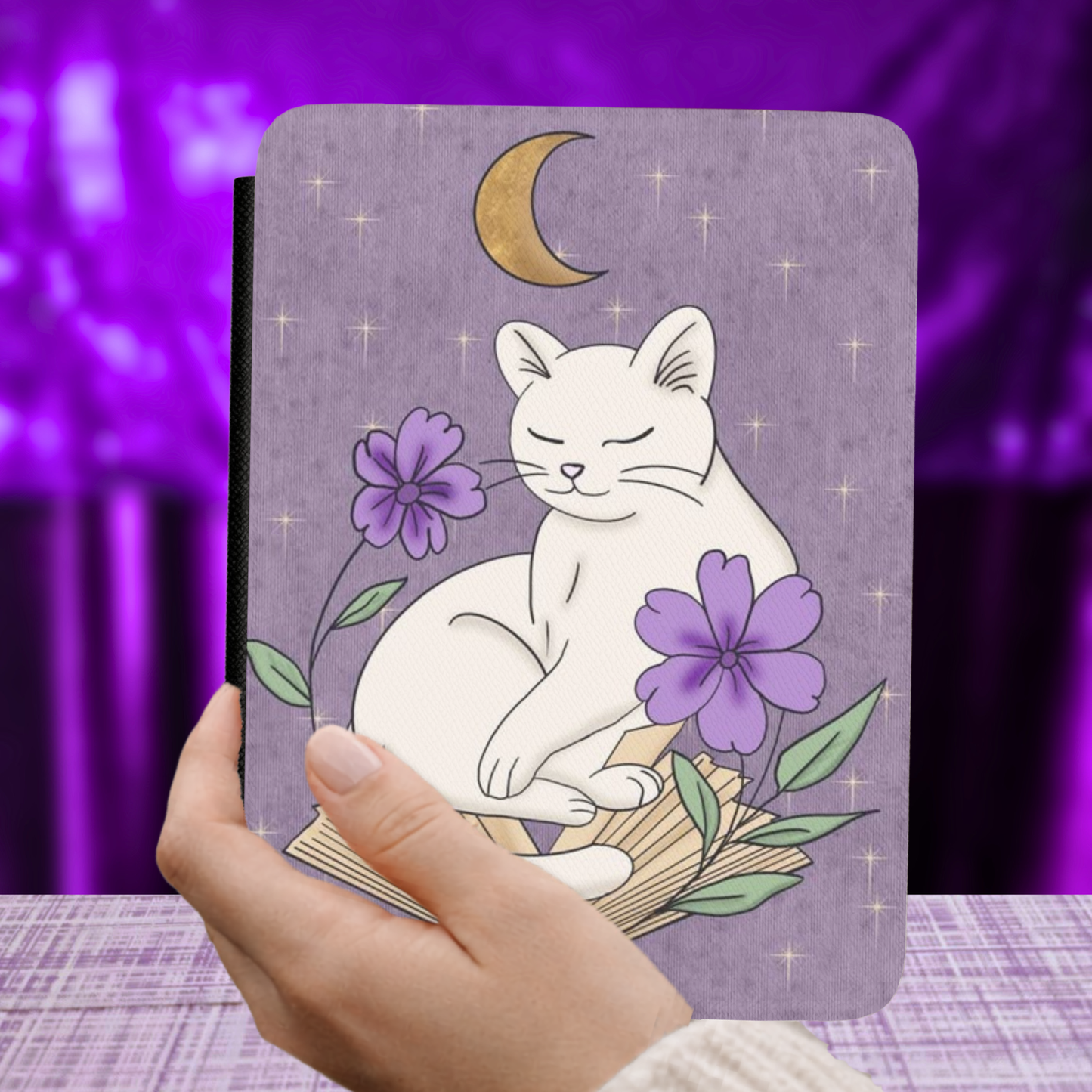 Witchy Cat Kindle Case with Moon & Floral Artwork