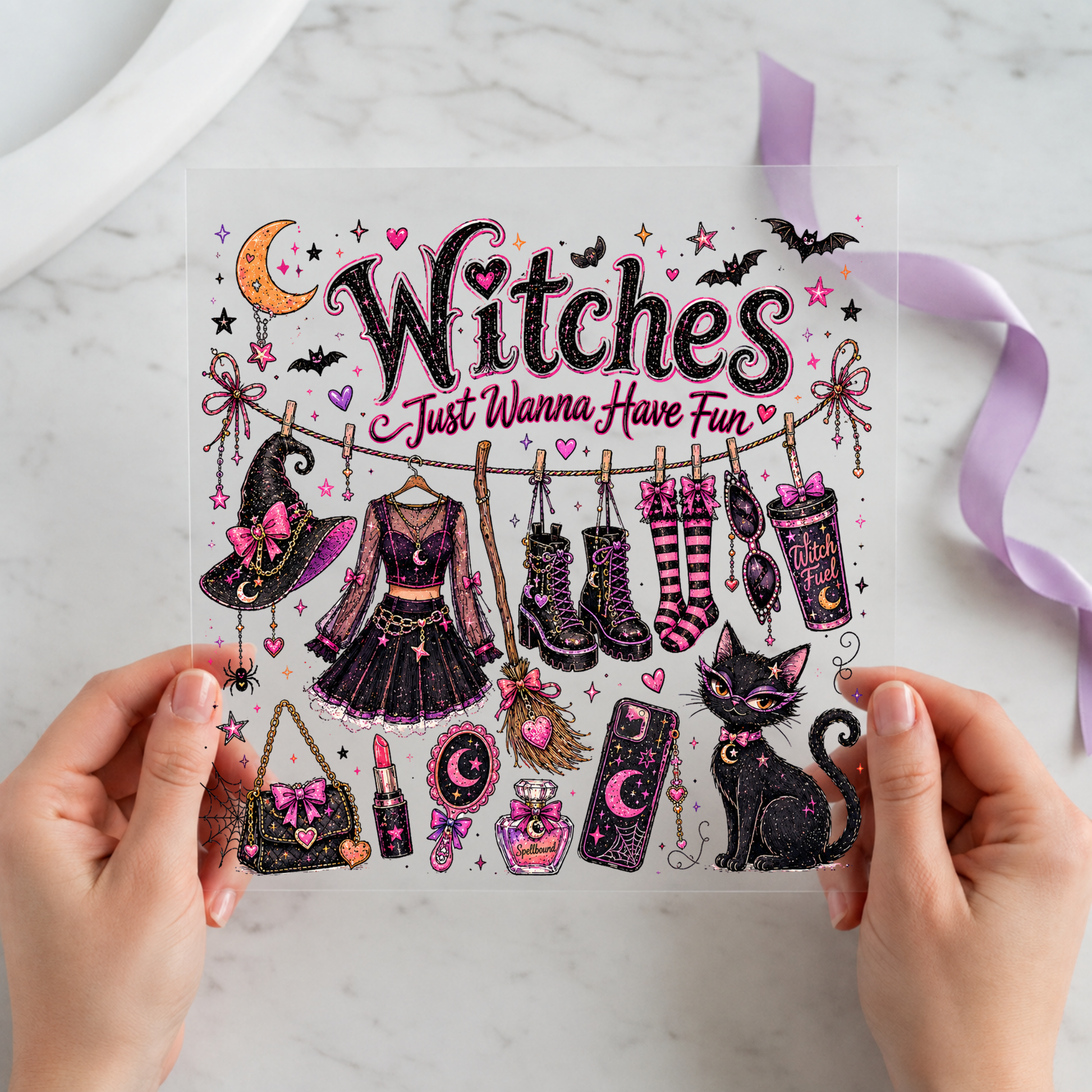 Witches Just Wanna Have Fun featuring collection of colorful witch hats, boots, dresses and black cat on a 12x12 ready-to-press DTF heat transfer