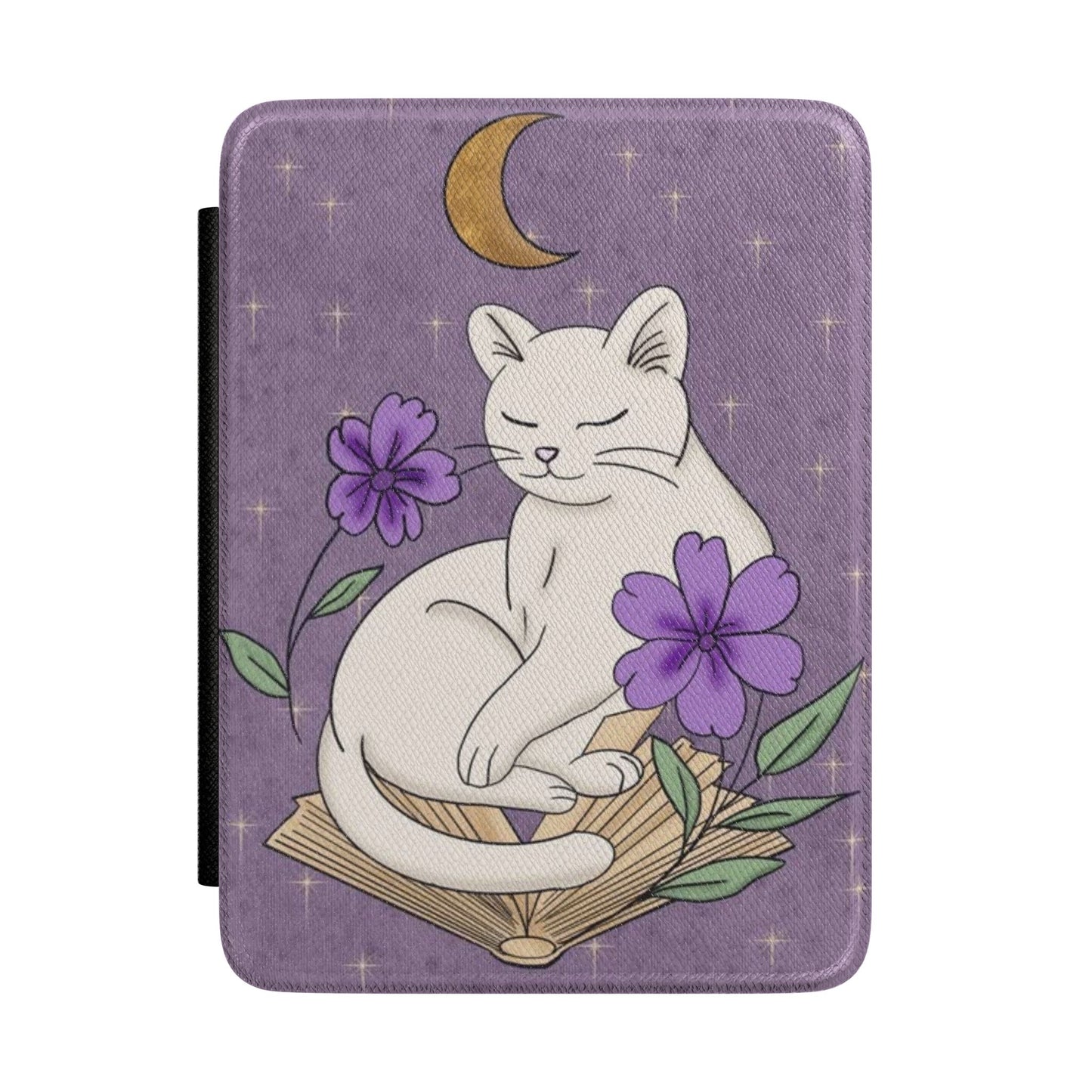 Witchy cat Kindle case featuring a white cat beneath a crescent moon and purple flowers