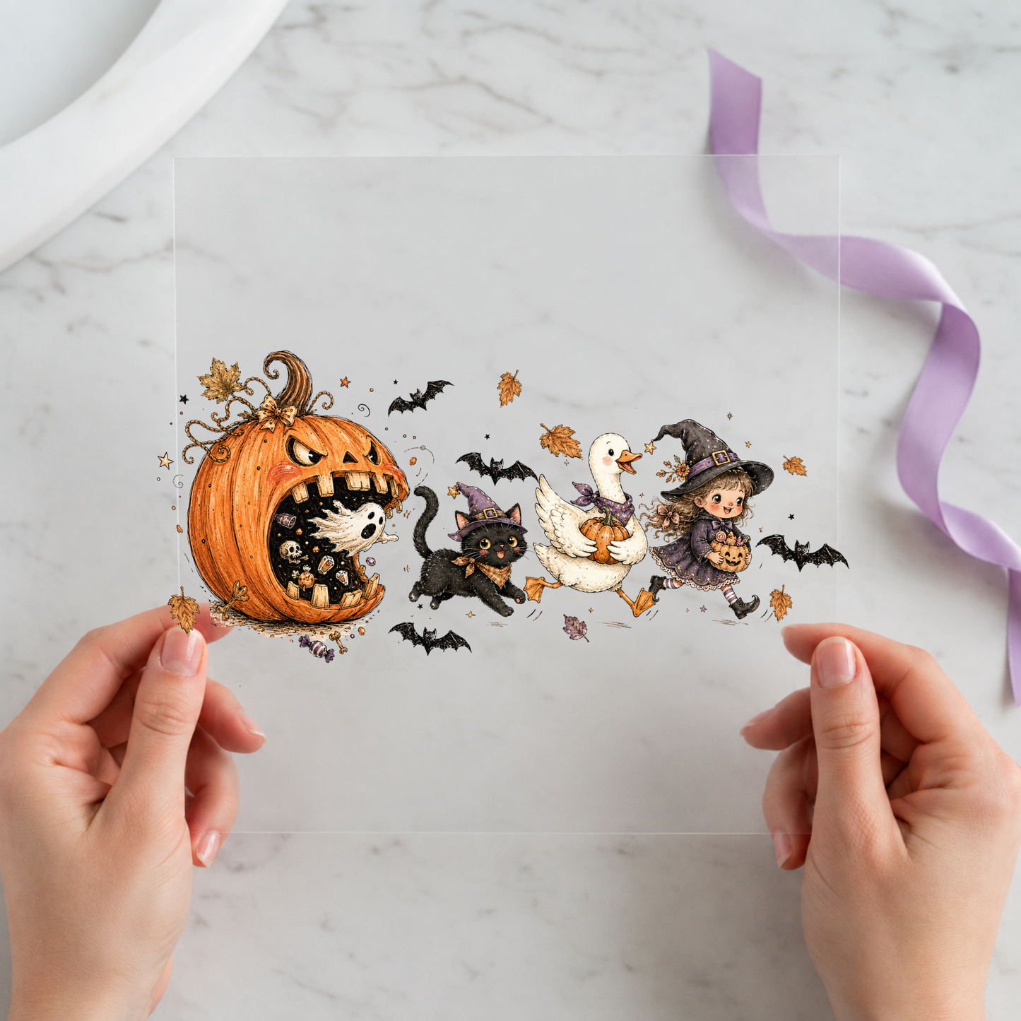 Witchy Pumpkin Goose Parade featuring jack-o-lantern, witch goose, black cat and costumed chicks marching together on a 12x12 ready-to-press DTF heat transfer