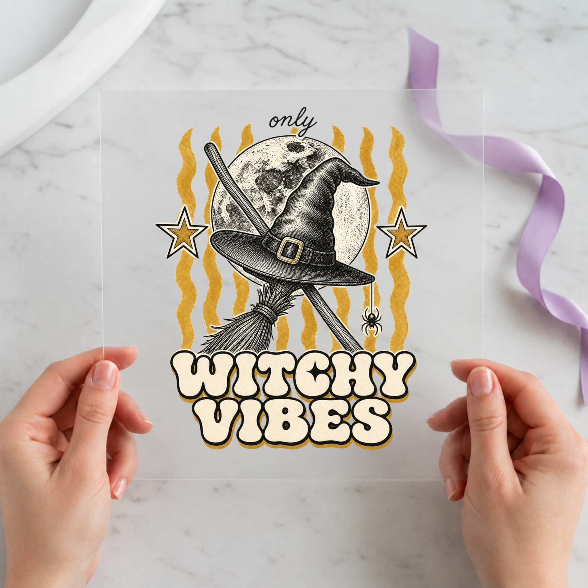 Witchy Vibes Hat Moon individual product photo included in the Retro Halloween five-pack DTF transfer bundle