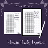 Wellness Tracker Bundle Printable SVG PNG Digital Download showing wellness tracker bundle printable artwork with year in pixels tracker, wellness tracker printable, cycle