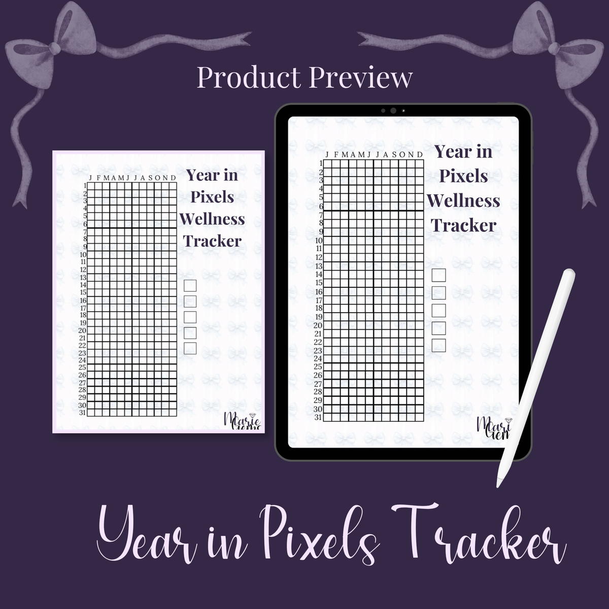 Wellness Tracker Bundle Printable SVG PNG Digital Download showing wellness tracker bundle printable artwork with year in pixels tracker, wellness tracker printable, cycle