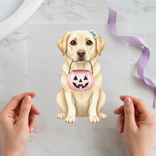 Yellow Lab Halloween Dog individual product photo included in the Halloween Pet Volume 1 five-pack DTF transfer bundle
